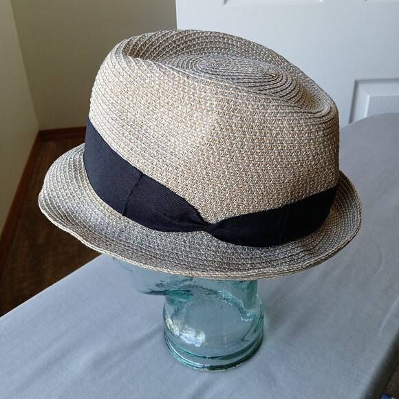 Straw Fedora Hat 22" Panama Pork Pie grosgrain band braided woven - Picture 2 of 11